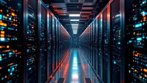 Realistic modern server room rows computer servers digital neural network ai