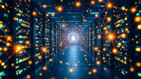 Secure server room with glowing neural network data servers ai protection