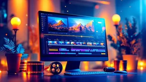 Sleek computer screen timeline video clips film reels advanced editing