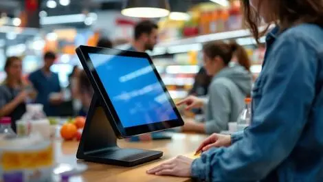 Modern touchscreen pos device retail counter australian convenience store cards