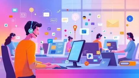 Illustration busy call center customer support agents ai digital communications