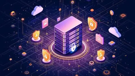 Secure computer server digital shields cloud icons data flow networks