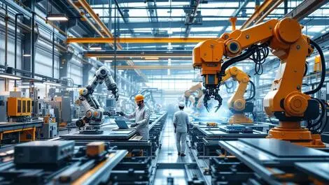 Industrial factory floor robotic arms automated machinery human engineers ai integration