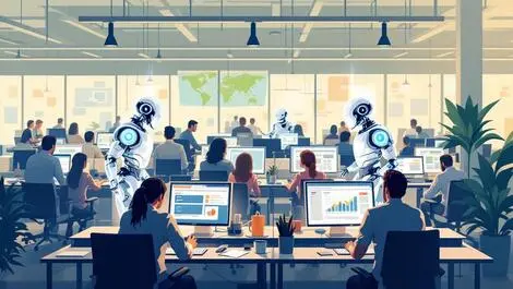 Digital illustration office workspace with collaborating people and ai agents