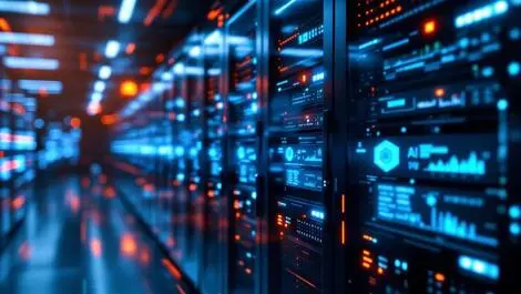 Sleek server room high tech racks glowing lights ultra fast ai data processing