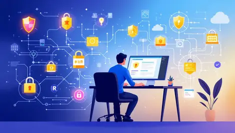 Human figure at desk using computer with cyber security shields