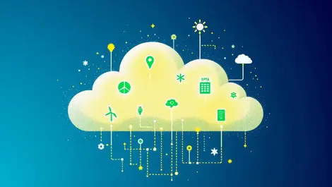 Cloud emitting carbon particles with green renewable energy and data storage icons interconnected