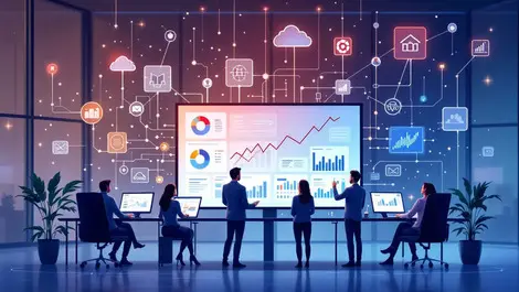 Modern office professionals analyzing data visualizations ai driven management