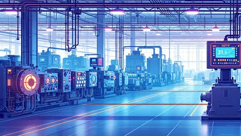 Industrial factory modern digital control panels energy saving machinery glowing indicators