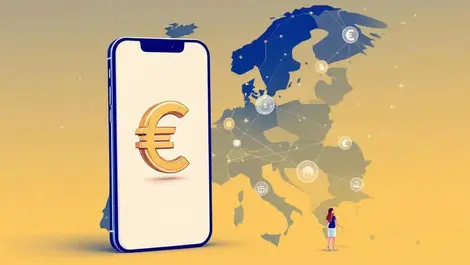 Smartphone euro coin digital network european union map stars modern graphic