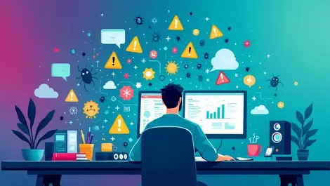 Software developer coding rapidly ai driven deployment causing bugs warning icons