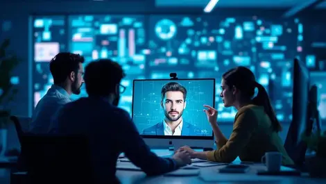 Concerned it professionals in office analyzing deepfake cyber threats