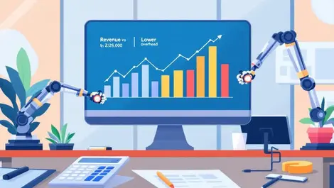 Business office calculator charts rising revenue lower overhead automation