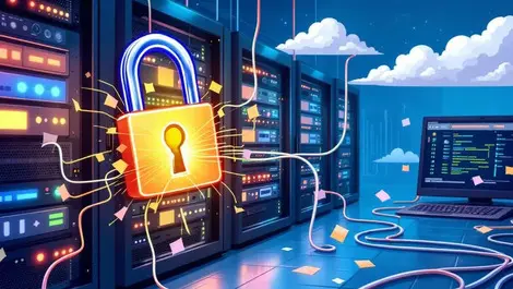 Illustration computer server room exposed cables digital locks broken cloud security