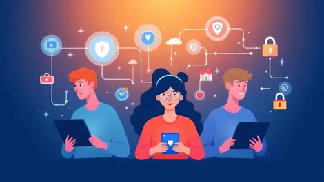 Teenagers using smartphones laptops surrounded by digital shield padlock icons symbolizing online safety