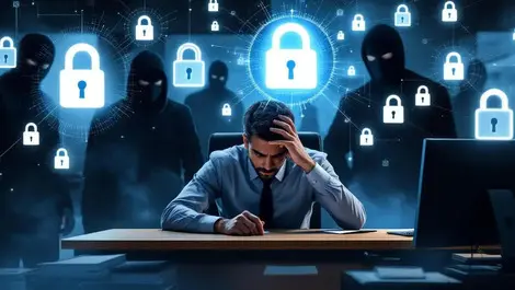 Stressed businessperson office desk locked computer digital padlocks masked figures