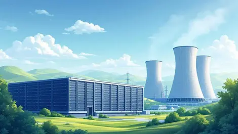 Realistic illustration large data center next to nuclear power plant cooling towers green landscape