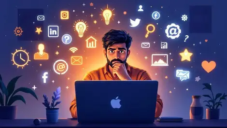 Indian marketer thinking at desk with ai social media content icons