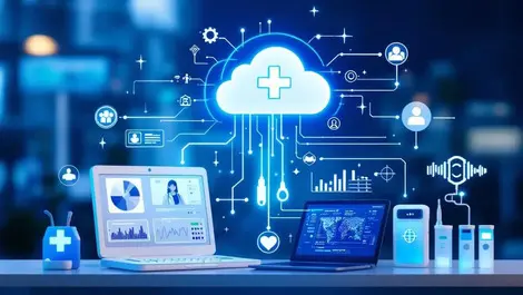 Cloud symbol above medical diagnostic tools with digital data flows modern healthcare technology
