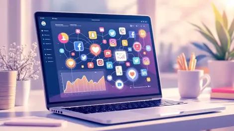 Modern marketing dashboard laptop with social media icons flowing lines