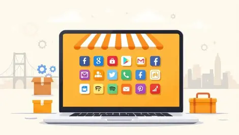 Laptop app store grid with workflow icons gears sf skyline bg