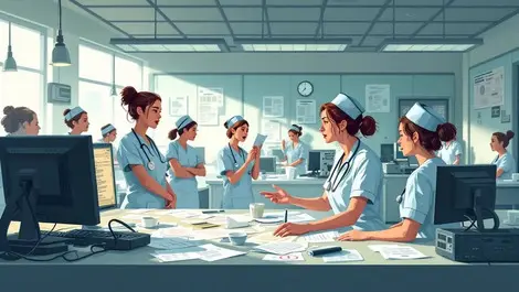 Busy us hospital nurses station paper charts outdated monitors