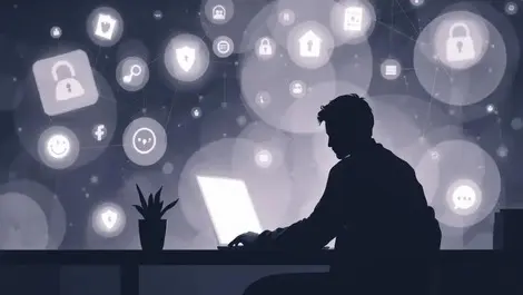 Moody person laptop translucent shields cookies dark web privacy risks