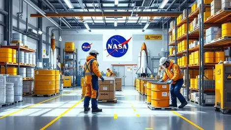 Nasa warehouse workers handling chemical drums hazard markings