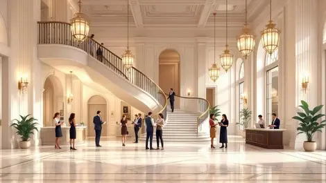 Historic american hotel lobby with modern cloud tech integration