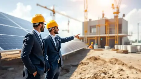 Us renewable energy site executives overseeing solar battery build