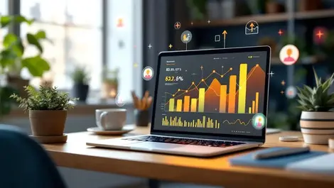 Modern laptop analytics dashboard with automatic data monitoring icons