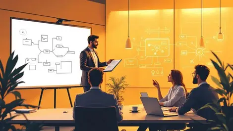 Scrum master leading modern training room ai wall display team