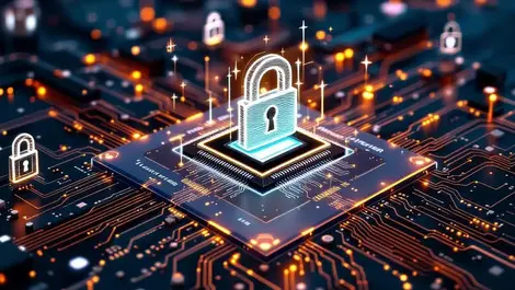 Ai accelerator chip with cybersecurity icons korea us fab scene