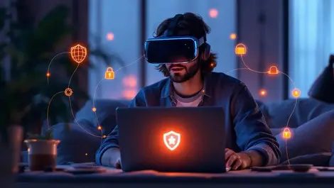 Person vr headset laptop glowing globe shield encrypted home