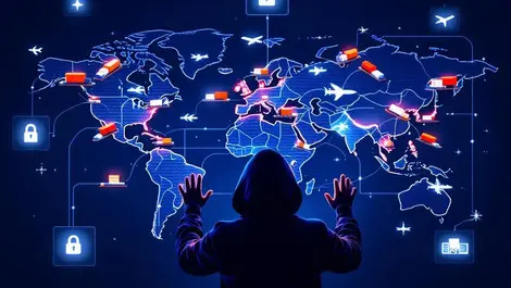 Global logistics cyber attack shadowy hacker network map art