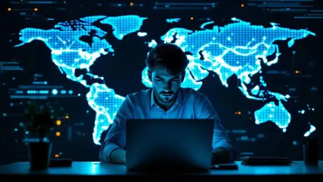 Young pro studying network security glowing global nodes bg