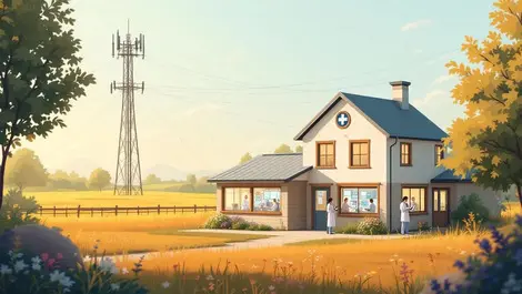 Rural american hospital fields with cell tower connected devices